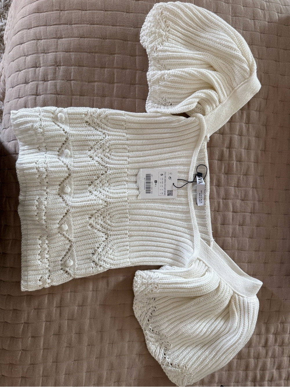 Zara White Off-Shoulder Puff-Sleeve Knit Top